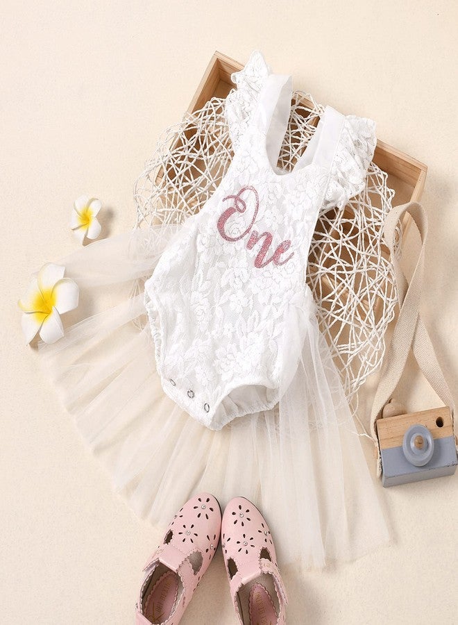 AWIBMK Baby Girls 1st Birthday Outfit Floral Lace Romper Ruffle Short Sleeve Backless Princess Party Tutu Dress Crown Headband Cake Smash Clothes for Photo Shoot 2Pcs Sets White One 9-12 Months - Image 2